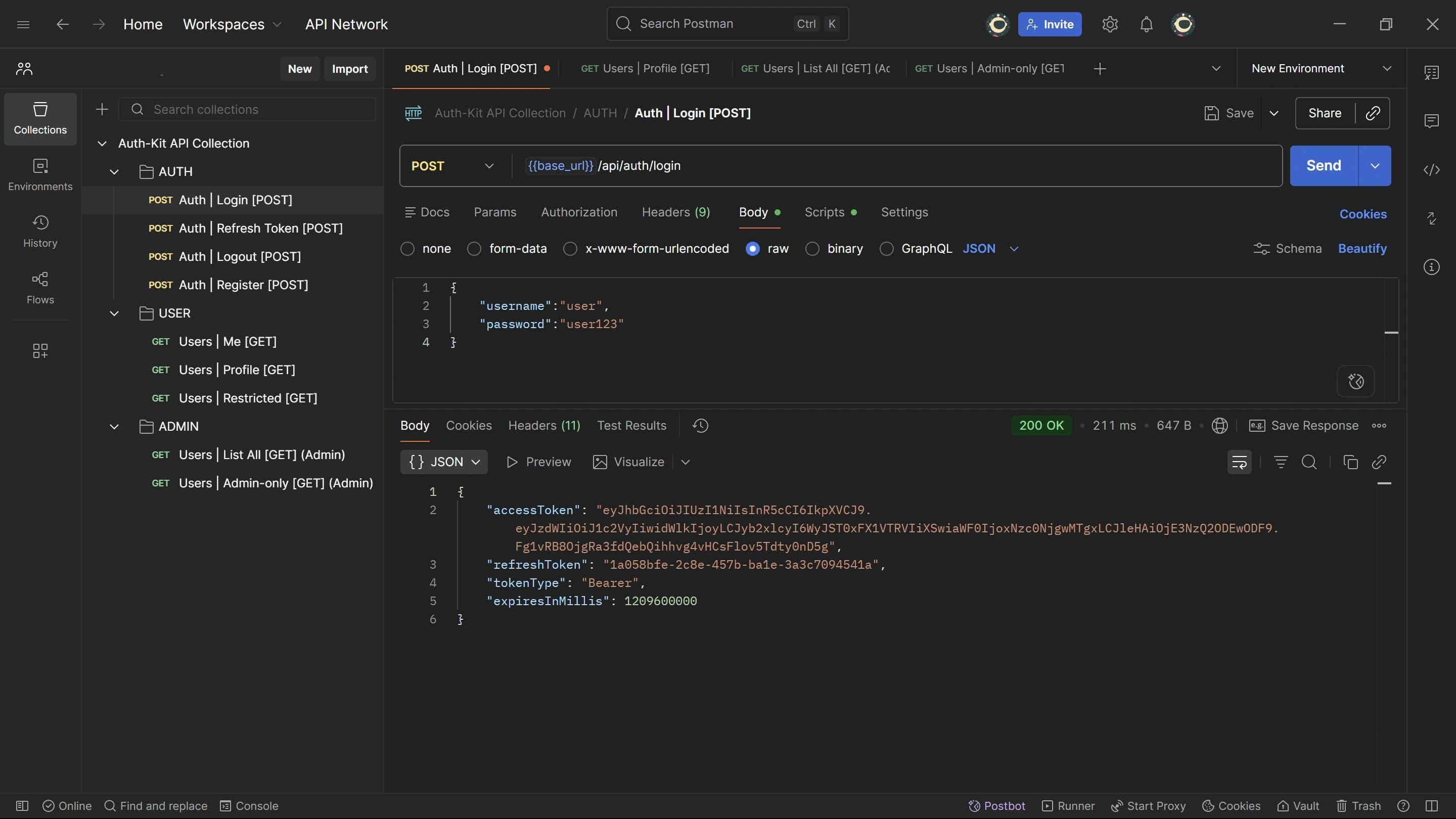 AuthKit-Lite Spring Boot JWT login API response showing access and refresh tokens