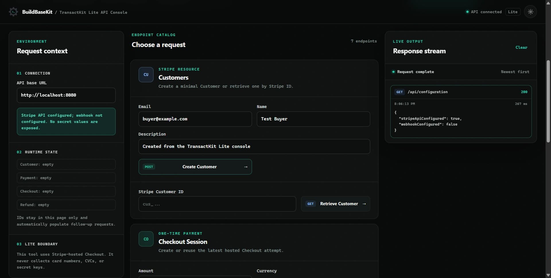 TransactKit-Lite browser API testing interface